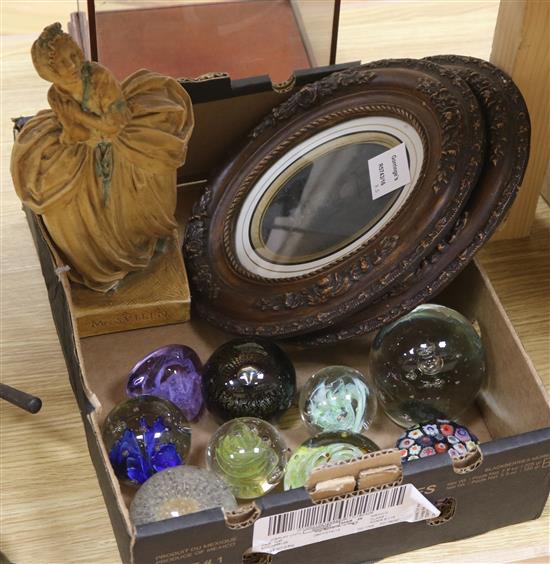 A pair of Victorian framed daguerrotypes, a wax figure and cabinet and paperweights